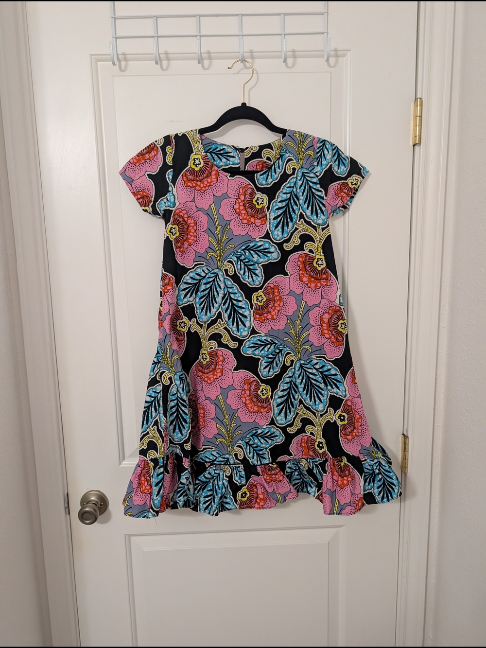 Handmade Bold Black Floral‎ Ruffle Hem Mini Dress Vacation